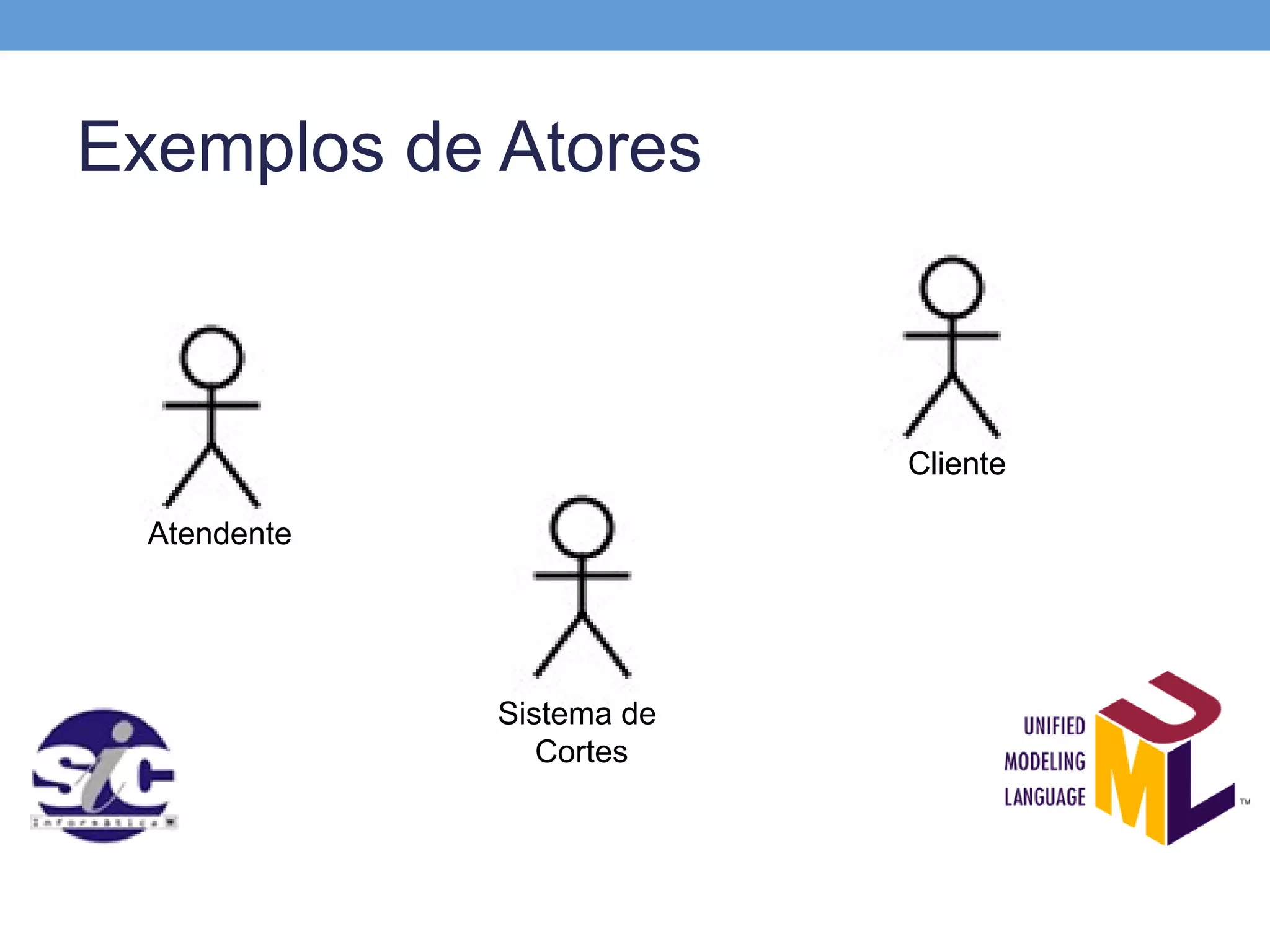 Exemplos de Atores



                           Cliente

  Atendente




              Sistema de
                 Cortes
 