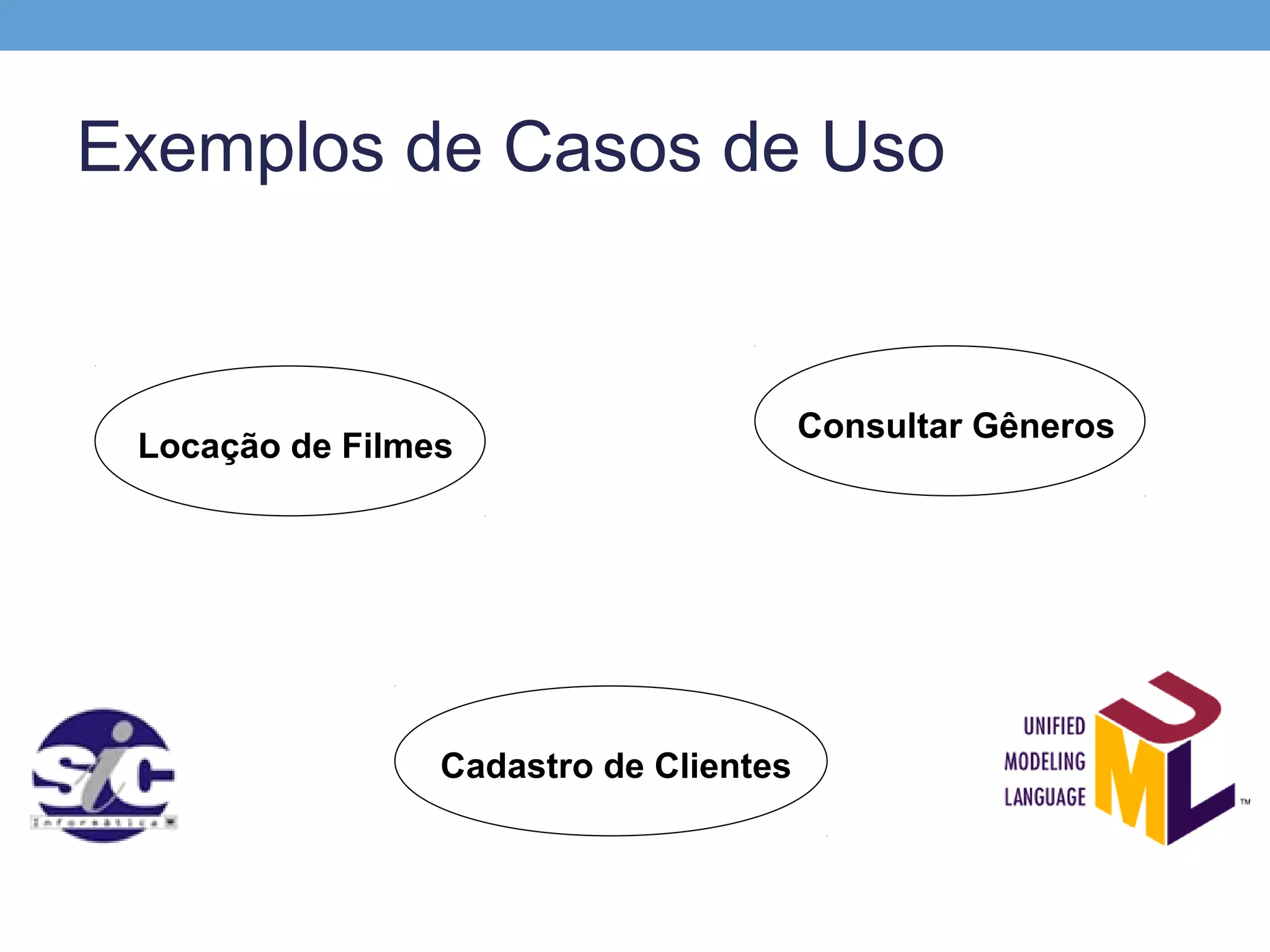 Exemplos de Casos de Uso


                                        Consultar Gêneros
 Locação de Filmes




                 Cadastro de Clientes
 