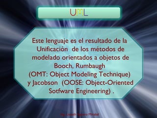 Este lenguaje es el resultado de la
    Unificación de los métodos de
  modelado orientados a objetos de
          Booch, Rumbaugh
(OMT: Object Modeling Technique)
y Jacobson (OOSE: Object-Oriented
        Sotfware Engineering) .


           Ing. Lisseth Agüero Mirabal
 