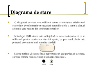 Diagrama de stare
     O diagramă de stare este utilizată pentru a reprezenta stările unei
    clase date, evenimentele ce cauzează tranziţiile de la o stare la alta, şi
    acţiunile care rezultă din schimbările starilor.

    În limbajul UML starea este subînţelesă ca metaclasă abstractă, ce se
    utilizează pentru modelarea situaţiei aparte, pe parcursul căreia este
    prezentă executarea unei anumite condiţii.



     Starea iniţială și starea finală reprezintă un caz particular de stare,
    care nu conţine nici o acţiune internă (pseudostare).
 