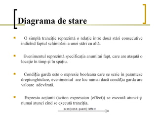 Diagrama de stare
     O simplă tranziţie reprezintă o relaţie între două stări consecutive
    indicînd faptul schimbării a unei stări cu altă.

    Evenimentul reprezintă specificaţia anumitui fapt, care are ataşată o
    locaţie în timp şi în spaţiu.

    Condiția gardă este o expresie booleana care se scrie în paranteze
    dreptunghiulare, evenimentul are loc numai dacă condi ția garda are
    valoare adevărată.

     Expresia acţiunii (action expression (effect)) se execută atunci şi
    numai atunci cînd se execută tranziţia.
 