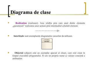 Diagrama de clase
      Realization (realizare). Aste relația prin care unul dintre elemente
    „garantează” realizarea unor acţiuni prin intermediul celuilalt element.



    Interfeţele sunt exemplarele diagramelor cazurilor de utilizare.




      Obiectul (object) este un exemplar special al clasei, care este creat în
    timpul executării programului. El are un propriu nume şi valoare concretă a
    atributelor.
 