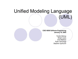 Unified Modeling Language
(UML)
CSCI 6050 Software Engineering
January 19, 2005
Trentin Bishop
Micah Lewis
Amit Mathew
Rufin Tshinanga
Stephen Upchurch
 