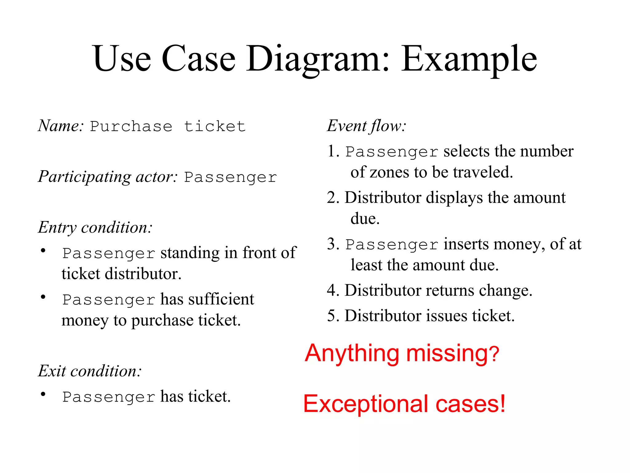 Use Case Diagram: Example
Name: Purchase ticket
Participating actor: Passenger
Entry condition:
• Passenger standing in front of
ticket distributor.
• Passenger has sufficient
money to purchase ticket.
Exit condition:
• Passenger has ticket.
Event flow:
1. Passenger selects the number
of zones to be traveled.
2. Distributor displays the amount
due.
3. Passenger inserts money, of at
least the amount due.
4. Distributor returns change.
5. Distributor issues ticket.
Anything missing?
Exceptional cases!
 