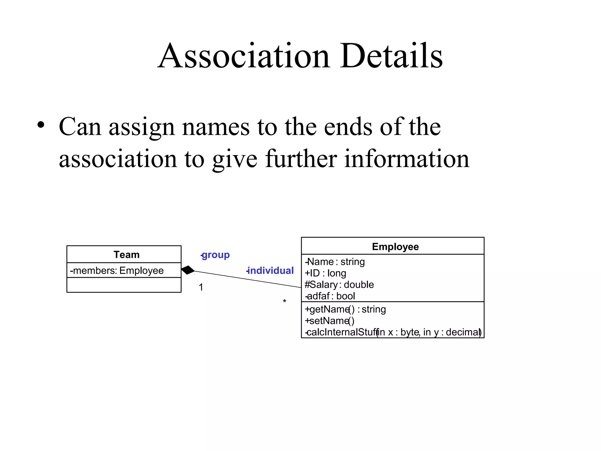 Association Details
• Can assign names to the ends of the
association to give further information
+getName() : string
+setName()
-calcInternalStuff(in x : byte, in y : decimal)
-Name : string
+ID : long
#Salary: double
-adfaf : bool
Employee
-members: Employee
Team -group
1
-individual
*
 