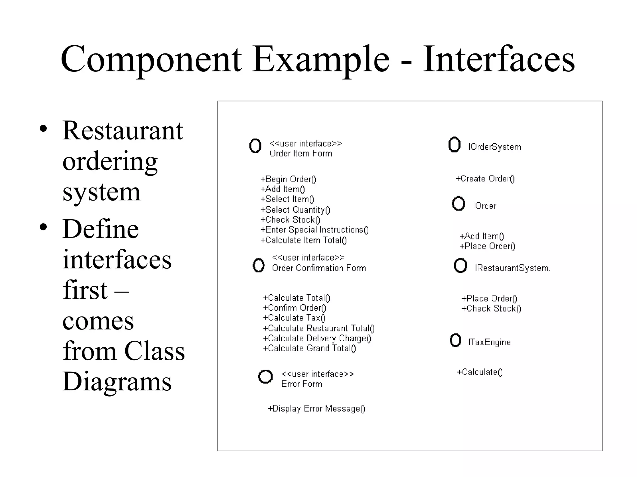 Component Example - Interfaces
• Restaurant
ordering
system
• Define
interfaces
first –
comes
from Class
Diagrams
 