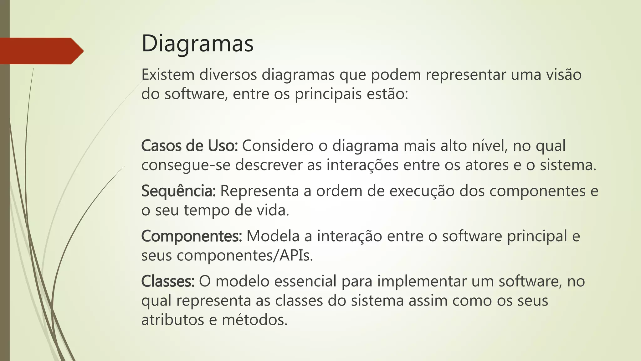 Diagramas 
Existem diversos diagramas que podem representar uma visão 
do software, entre os principais estão: 
Casos de Uso: Considero o diagrama mais alto nível, no qual 
consegue-se descrever as interações entre os atores e o sistema. 
Sequência: Representa a ordem de execução dos componentes e 
o seu tempo de vida. 
Componentes: Modela a interação entre o software principal e 
seus componentes/APIs. 
Classes: O modelo essencial para implementar um software, no 
qual representa as classes do sistema assim como os seus 
atributos e métodos. 
 
