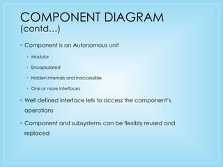 COMPONENT DIAGRAM 
(contd…) 
• Component is an Autonomous unit 
• Modular 
• Encapsulated 
• Hidden internals and inaccessible 
• One or more interfaces 
• Well defined interface lets to access the component’s 
operations 
• Component and subsystems can be flexibly reused and 
replaced 
 