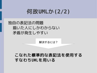 何故UMLか(2/2)
独自の表記法の問題
描いた人にしかわからない
矛盾が発生しやすい
解決するには？
こなれた標準的な表記法を使用する
すなわちUMLを用いる
 