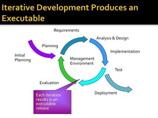 Initial
Planning
Planning
Requirements
Analysis & Design
Implementation
Deployment
Test
Evaluation
Management
Environment
Each iteration
results in an
executable
release
 