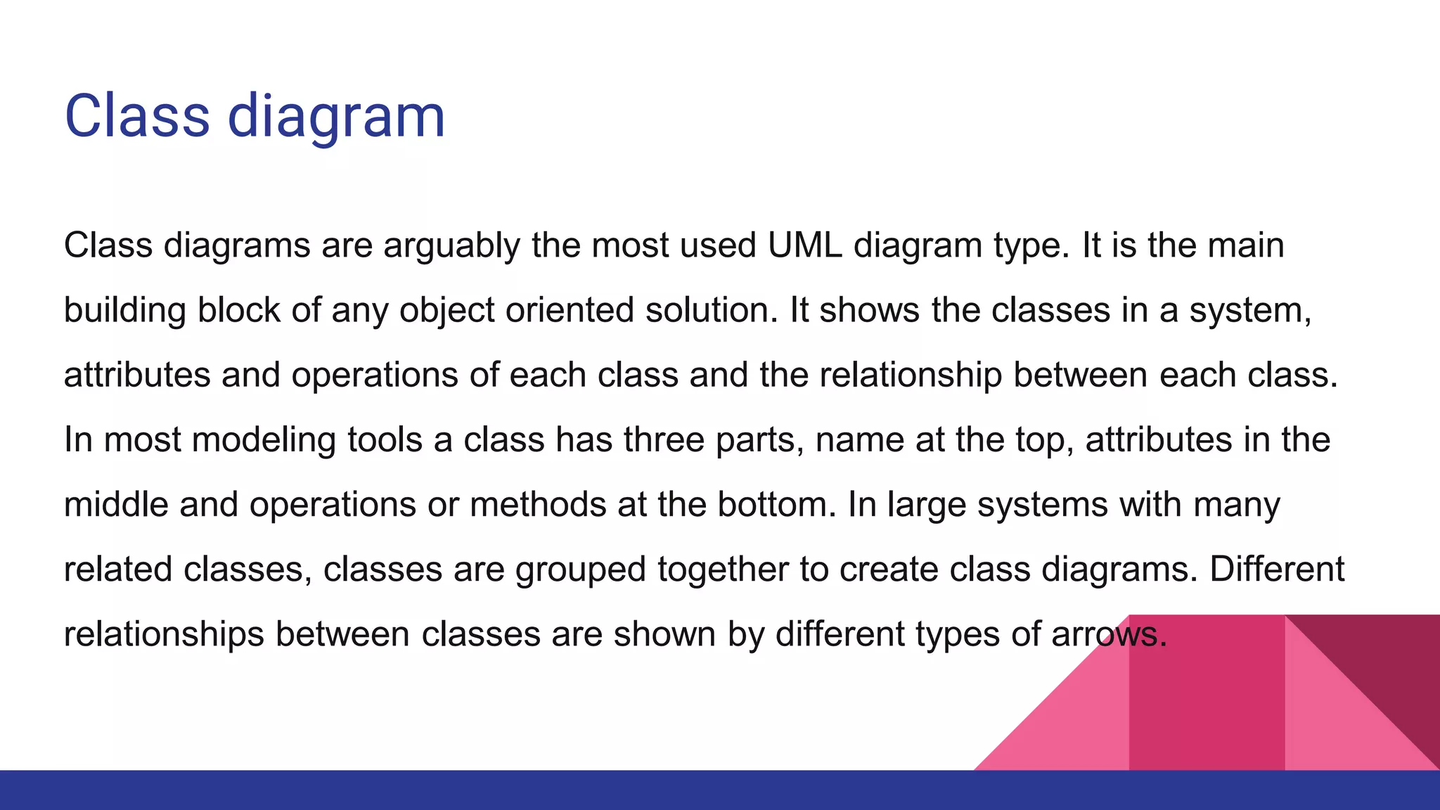 Class diagram
Class diagrams are arguably the most used UML diagram type. It is the main
building block of any object oriented solution. It shows the classes in a system,
attributes and operations of each class and the relationship between each class.
In most modeling tools a class has three parts, name at the top, attributes in the
middle and operations or methods at the bottom. In large systems with many
related classes, classes are grouped together to create class diagrams. Different
relationships between classes are shown by different types of arrows.
 