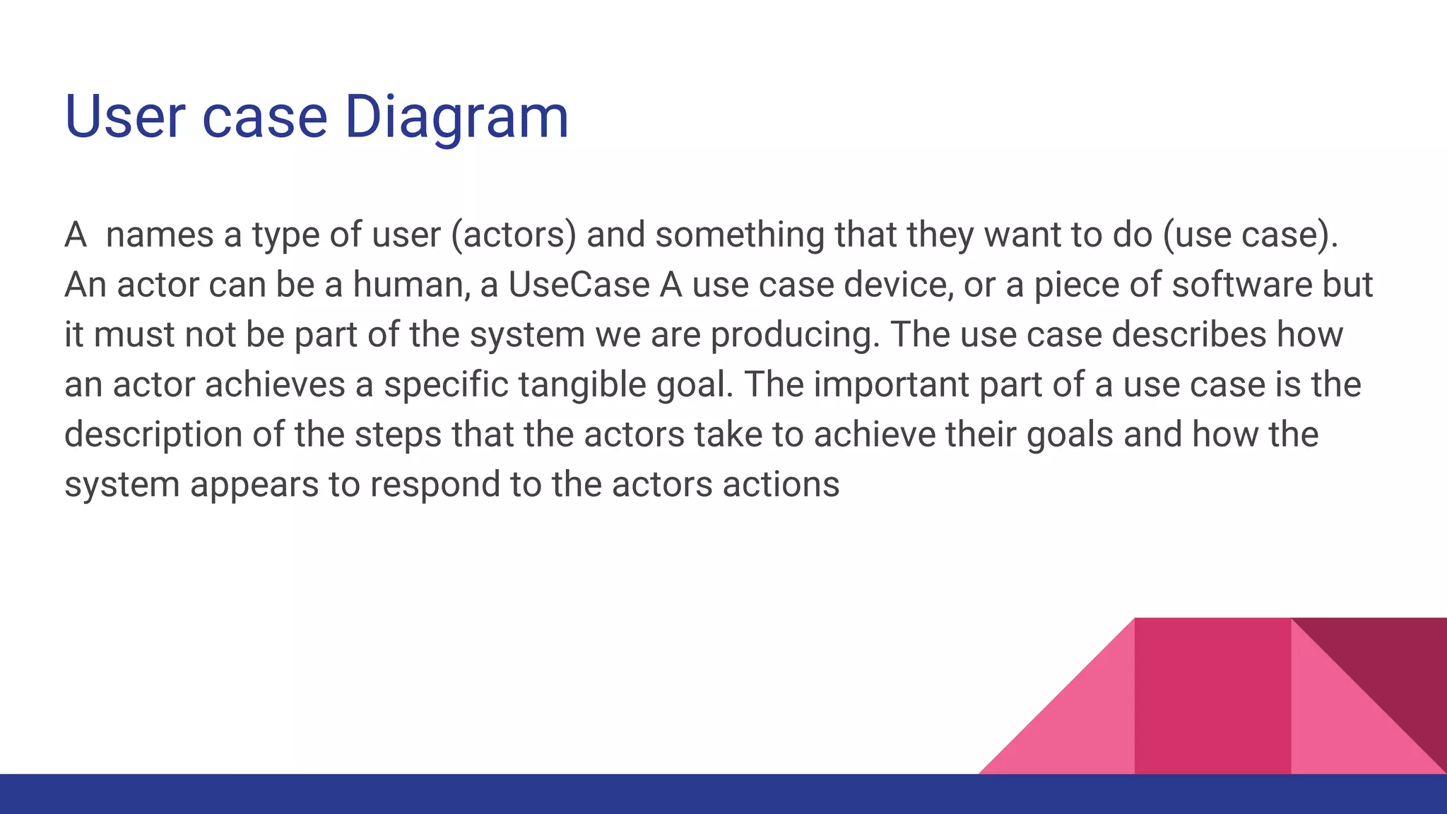 User case Diagram
A names a type of user (actors) and something that they want to do (use case).
An actor can be a human, a UseCase A use case device, or a piece of software but
it must not be part of the system we are producing. The use case describes how
an actor achieves a specific tangible goal. The important part of a use case is the
description of the steps that the actors take to achieve their goals and how the
system appears to respond to the actors actions
 