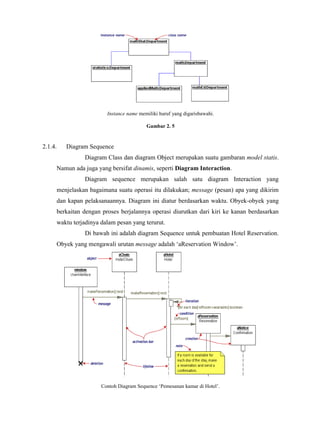 Instance name memiliki huruf yang digarisbawahi.
Gambar 2. 5
2.1.4. Diagram Sequence
Diagram Class dan diagram Object merupakan suatu gambaran model statis.
Namun ada juga yang bersifat dinamis, seperti Diagram Interaction.
Diagram sequence merupakan salah satu diagram Interaction yang
menjelaskan bagaimana suatu operasi itu dilakukan; message (pesan) apa yang dikirim
dan kapan pelaksanaannya. Diagram ini diatur berdasarkan waktu. Obyek-obyek yang
berkaitan dengan proses berjalannya operasi diurutkan dari kiri ke kanan berdasarkan
waktu terjadinya dalam pesan yang terurut.
Di bawah ini adalah diagram Sequence untuk pembuatan Hotel Reservation.
Obyek yang mengawali urutan message adalah ‘aReservation Window’.
Contoh Diagram Sequence ‘Pemesanan kamar di Hotel’.
 