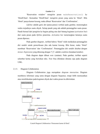 Gambar 2. 6
‘Reservation window’ mengirim pesan makeReservation() ke
‘HotelChain’. Kemudian ‘HotelChain’ mengirim pesan yang sama ke ‘Hotel’. Bila
‘Hotel’ punya kamar kosong, maka dibuat ‘Reservation’ dan ‘Confirmation’.
Lifeline adalah garis dot (putus-putus) vertikal pada gambar, menerangkan
waktu terjadinya suatu obyek. Setiap panah yang ada adalah pemanggilan suatu pesan.
Panah berasal dari pengirim ke bagian paling atas dari batang kegiatan (activation bar)
dari suatu pesan pada lifeline penerima. Activation bar menerangkan lamanya suatu
pesan diproses.
Pada gambar diagram , terlihat bahwa ‘Hotel’ telah melakukan pemanggilan
diri sendiri untuk pemeriksaan jika ada kamar kosong. Bila benar, maka ‘Hotel’
membuat ‘Reservation’ dan ‘Confirmation’. Pemanggilan diri sendiri disebut dengan
iterasi. Expression yeng dikurung dengan “[ ]”, adalah condition (keadaan kondisi).
Pada diagram dapat dibuat note (catatan). Pada gambar, terlihat seperti
selembar kertas yang berisikan teks. Note bisa diletakan dimana saja pada diagram
UML.
2.1.5. Diagram Collaboration
Diagram Collaboration juga merupakan diagram interaction. Diagram
membawa informasi yang sama dengan diagram Sequence, tetapi lebih memusatkan
atau memfokuskan pada kegiatan obyek dari waktu pesan itu dikirimkan.
Contoh Diagram Collaboration ‘Pemesanan kamar di Hotel’.
 