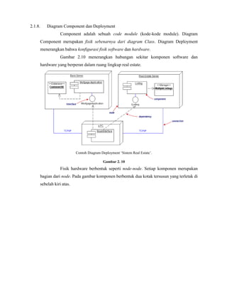 2.1.8. Diagram Component dan Deployment
Component adalah sebuah code module (kode-kode module). Diagram
Component merupakan fisik sebenarnya dari diagram Class. Diagram Deployment
menerangkan bahwa konfigurasi fisik software dan hardware.
Gambar 2.10 menerangkan hubungan sekitar komponen software dan
hardware yang berperan dalam ruang lingkup real estate.
Contoh Diagram Deployment ‘Sistem Real Estate’.
Gambar 2. 10
Fisik hardware berbentuk seperti node-node. Setiap komponen merupakan
bagian dari node. Pada gambar komponen berbentuk dua kotak tersusun yang terletak di
sebelah kiri atas.
 
