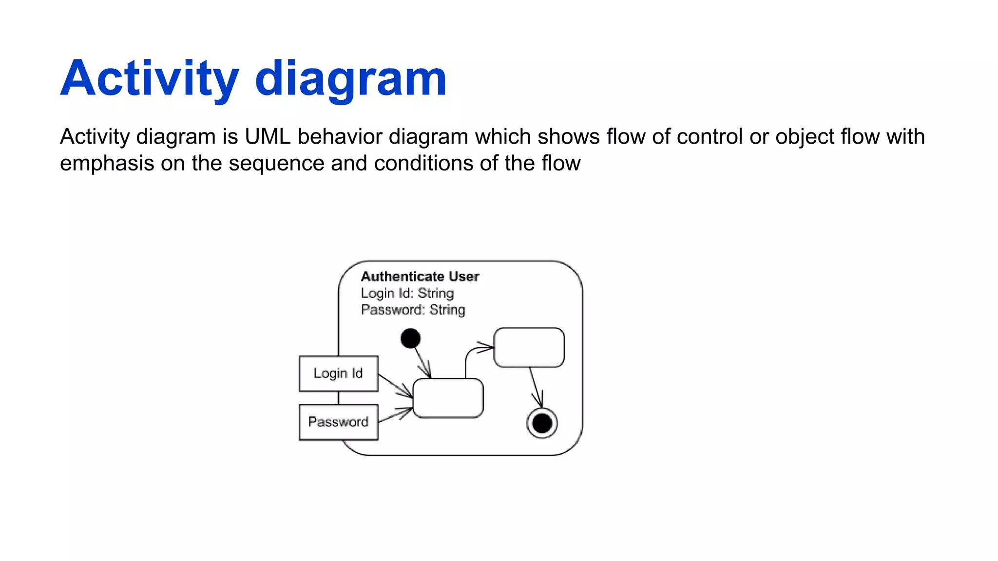 Activity diagram
Activity diagram is UML behavior diagram which shows flow of control or object flow with
emphasis on the sequence and conditions of the flow
 