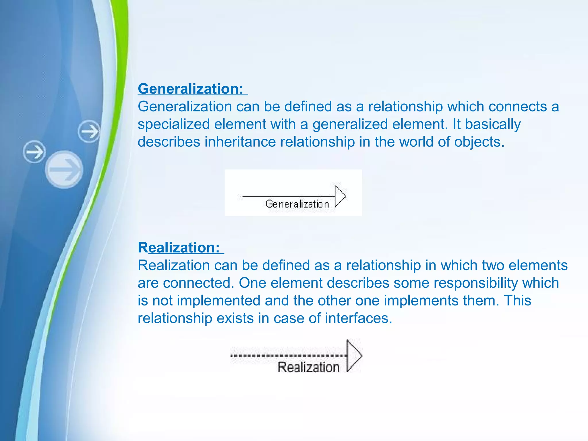 Powerpoint Templates
Generalization:
Generalization can be defined as a relationship which connects a
specialized element with a generalized element. It basically
describes inheritance relationship in the world of objects.
Realization:
Realization can be defined as a relationship in which two elements
are connected. One element describes some responsibility which
is not implemented and the other one implements them. This
relationship exists in case of interfaces.
 