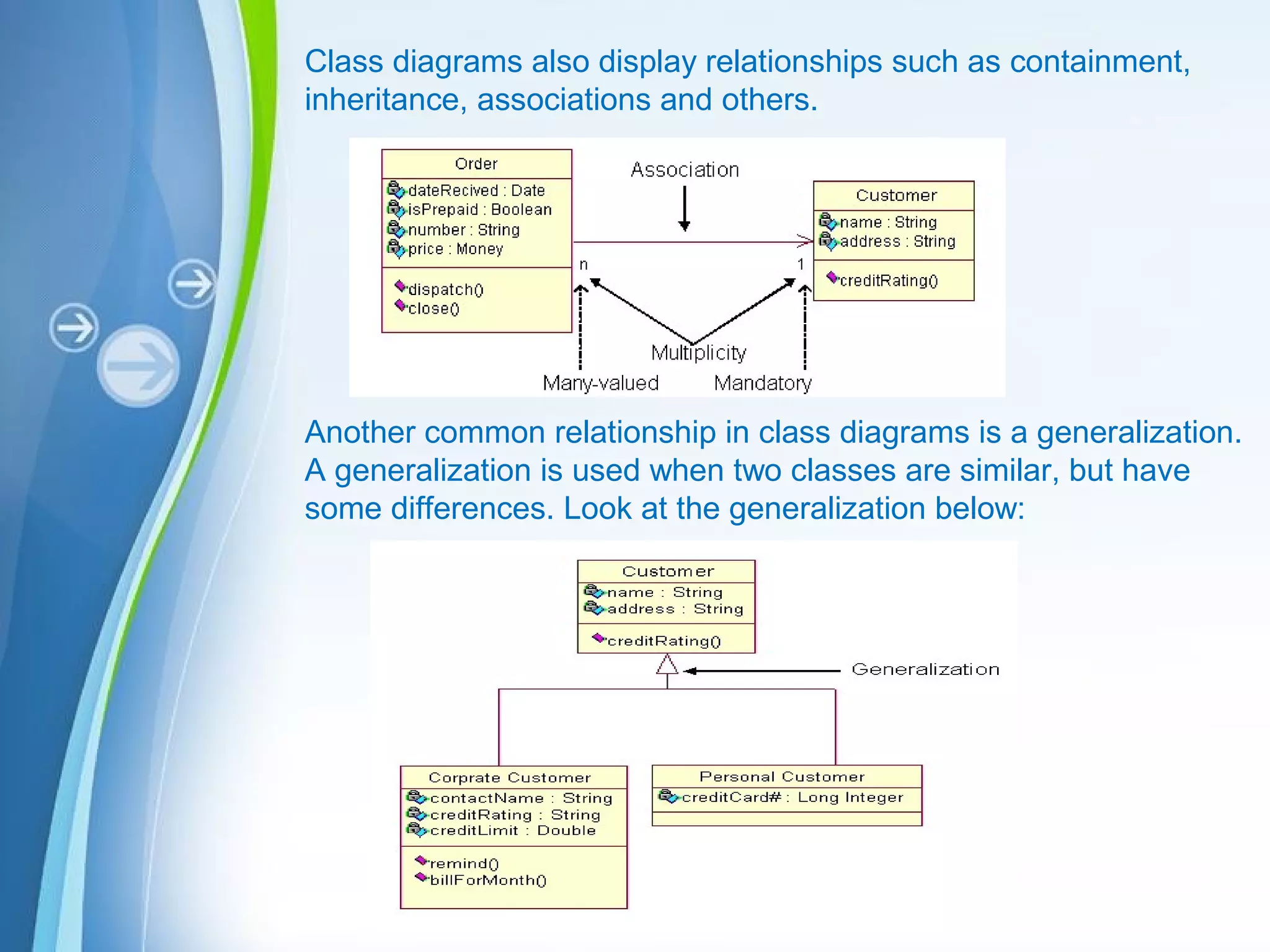 Powerpoint Templates
Class diagrams also display relationships such as containment,
inheritance, associations and others.
Another common relationship in class diagrams is a generalization.
A generalization is used when two classes are similar, but have
some differences. Look at the generalization below:
 