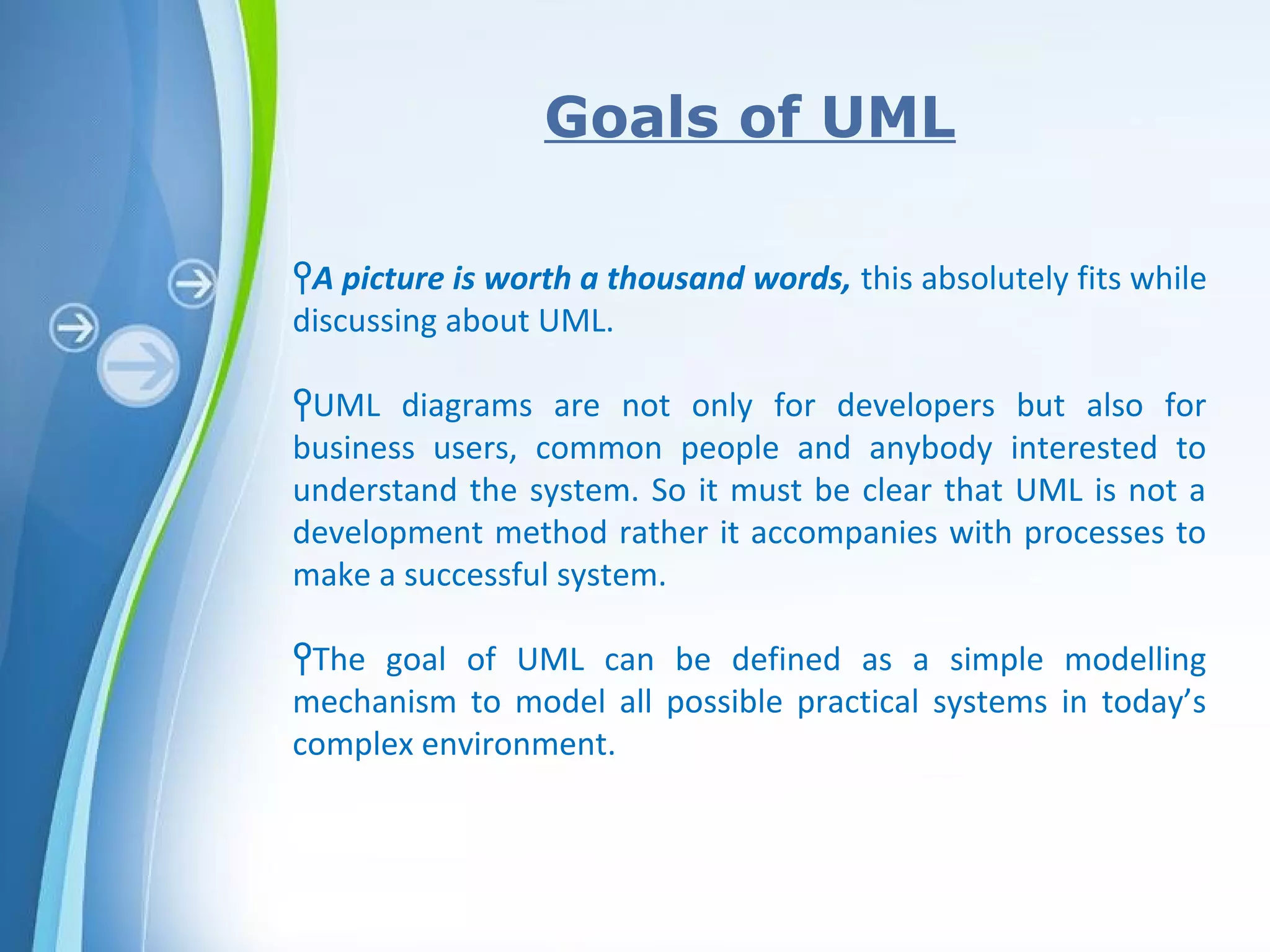 Powerpoint Templates
Goals of UML
ϞA picture is worth a thousand words, this absolutely fits while
discussing about UML.
ϞUML diagrams are not only for developers but also for
business users, common people and anybody interested to
understand the system. So it must be clear that UML is not a
development method rather it accompanies with processes to
make a successful system.
ϞThe goal of UML can be defined as a simple modelling
mechanism to model all possible practical systems in today’s
complex environment.
 