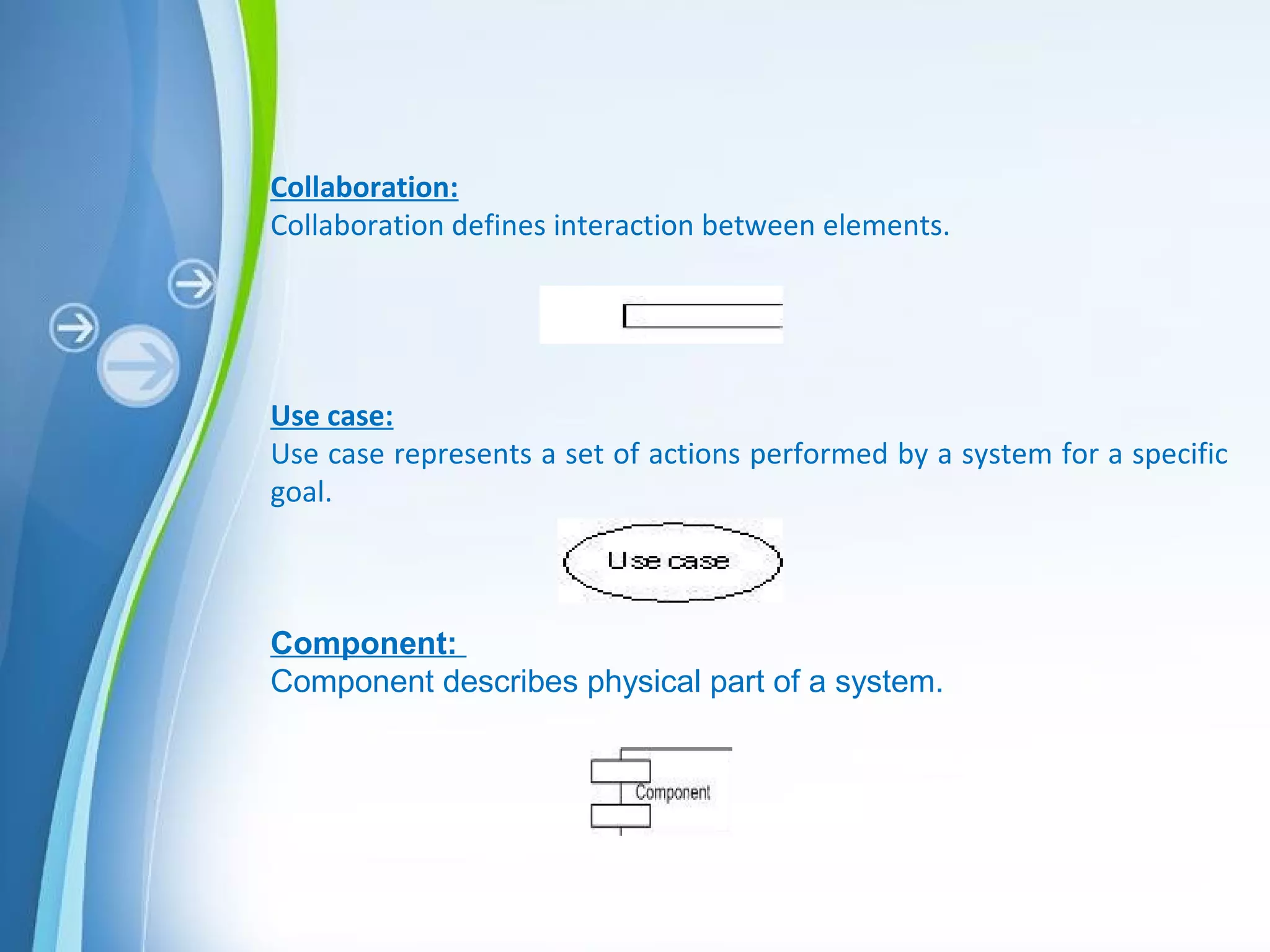 Powerpoint Templates
Collaboration:
Collaboration defines interaction between elements.
Use case:
Use case represents a set of actions performed by a system for a specific
goal.
Component:
Component describes physical part of a system.
 