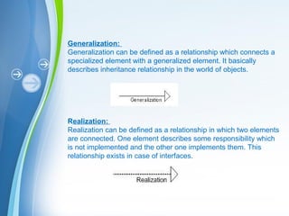 Powerpoint Templates
Generalization:
Generalization can be defined as a relationship which connects a
specialized element with a generalized element. It basically
describes inheritance relationship in the world of objects.
Realization:
Realization can be defined as a relationship in which two elements
are connected. One element describes some responsibility which
is not implemented and the other one implements them. This
relationship exists in case of interfaces.
 
