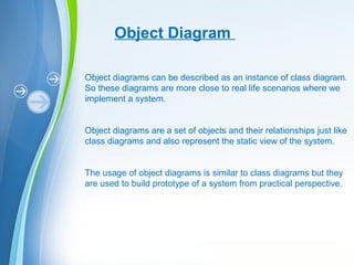 Powerpoint Templates
Object Diagram
Object diagrams can be described as an instance of class diagram.
So these diagrams are more close to real life scenarios where we
implement a system.
Object diagrams are a set of objects and their relationships just like
class diagrams and also represent the static view of the system.
The usage of object diagrams is similar to class diagrams but they
are used to build prototype of a system from practical perspective.
 