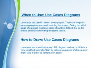 Powerpoint Templates
When to Use: Use Cases Diagrams
Use cases are used in almost every project. These are helpful in
exposing requirements and planning the project. During the initial
stage of a project most use cases should be defined, but as the
project continues more might become visible.
How to Draw: Use Cases Diagrams
Use cases are a relatively easy UML diagram to draw, but this is a
very simplified example. Start by listing a sequence of steps a user
might take in order to complete an action.
 