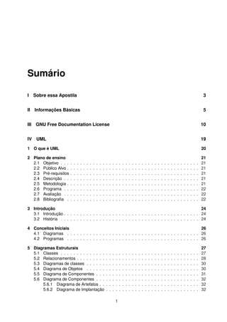 Sumário
I Sobre essa Apostila 3
II Informações Básicas 5
III GNU Free Documentation License 10
IV UML 19
1 O que é UML 20
2 Plano de ensino 21
2.1 Objetivo . . . . . . . . . . . . . . . . . . . . . . . . . . . . . . . . . . . . . . . . . . . 21
2.2 Público Alvo . . . . . . . . . . . . . . . . . . . . . . . . . . . . . . . . . . . . . . . . . 21
2.3 Pré-requisitos . . . . . . . . . . . . . . . . . . . . . . . . . . . . . . . . . . . . . . . . 21
2.4 Descrição . . . . . . . . . . . . . . . . . . . . . . . . . . . . . . . . . . . . . . . . . . 21
2.5 Metodologia . . . . . . . . . . . . . . . . . . . . . . . . . . . . . . . . . . . . . . . . . 21
2.6 Programa . . . . . . . . . . . . . . . . . . . . . . . . . . . . . . . . . . . . . . . . . . 22
2.7 Avaliação . . . . . . . . . . . . . . . . . . . . . . . . . . . . . . . . . . . . . . . . . . 22
2.8 Bibliograﬁa . . . . . . . . . . . . . . . . . . . . . . . . . . . . . . . . . . . . . . . . . 22
3 Introdução 24
3.1 Introdução . . . . . . . . . . . . . . . . . . . . . . . . . . . . . . . . . . . . . . . . . . 24
3.2 História . . . . . . . . . . . . . . . . . . . . . . . . . . . . . . . . . . . . . . . . . . . 24
4 Conceitos Iniciais 26
4.1 Diagramas . . . . . . . . . . . . . . . . . . . . . . . . . . . . . . . . . . . . . . . . . 26
4.2 Programas . . . . . . . . . . . . . . . . . . . . . . . . . . . . . . . . . . . . . . . . . 26
5 Diagramas Estruturais 27
5.1 Classes . . . . . . . . . . . . . . . . . . . . . . . . . . . . . . . . . . . . . . . . . . . 27
5.2 Relacionamentos . . . . . . . . . . . . . . . . . . . . . . . . . . . . . . . . . . . . . . 28
5.3 Diagramas de classes . . . . . . . . . . . . . . . . . . . . . . . . . . . . . . . . . . . 30
5.4 Diagrama de Objetos . . . . . . . . . . . . . . . . . . . . . . . . . . . . . . . . . . . 30
5.5 Diagrama de Componentes . . . . . . . . . . . . . . . . . . . . . . . . . . . . . . . . 31
5.6 Diagrama de Componentes . . . . . . . . . . . . . . . . . . . . . . . . . . . . . . . . 32
5.6.1 Diagrama de Artefatos . . . . . . . . . . . . . . . . . . . . . . . . . . . . . . . 32
5.6.2 Diagrama de Implantação . . . . . . . . . . . . . . . . . . . . . . . . . . . . . 32
1
 