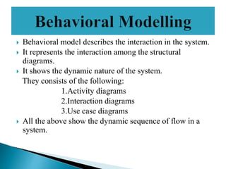  Behavioral model describes the interaction in the system.
 It represents the interaction among the structural
diagrams.
 It shows the dynamic nature of the system.
They consists of the following:
1.Activity diagrams
2.Interaction diagrams
3.Use case diagrams
 All the above show the dynamic sequence of flow in a
system.
 