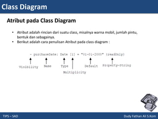 Class Diagram
TIPS – SAD Dudy Fathan Ali S.Kom
Atribut pada Class Diagram
• Atribut adalah rincian dari suatu class, misalnya warna mobil, jumlah pintu,
bentuk dan sebagainya.
• Berikut adalah cara penulisan Atribut pada class diagram :
 