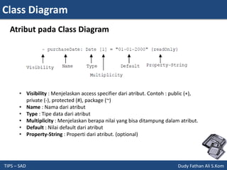 Class Diagram
TIPS – SAD Dudy Fathan Ali S.Kom
Atribut pada Class Diagram
• Visibility : Menjelaskan access specifier dari atribut. Contoh : public (+),
private (-), protected (#), package (~)
• Name : Nama dari atribut
• Type : Tipe data dari atribut
• Multiplicity : Menjelaskan berapa nilai yang bisa ditampung dalam atribut.
• Default : Nilai default dari atribut
• Property-String : Properti dari atribut. (optional)
 