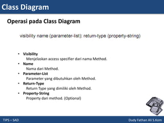 Class Diagram
TIPS – SAD Dudy Fathan Ali S.Kom
Operasi pada Class Diagram
• Visibility
Menjelaskan access specifier dari nama Method.
• Name
Nama dari Method.
• Parameter-List
Parameter yang dibutuhkan oleh Method.
• Return-Type
Return Type yang dimiliki oleh Method.
• Property-String
Property dari method. (Optional)
 
