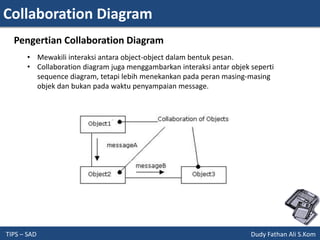 Collaboration Diagram
TIPS – SAD Dudy Fathan Ali S.Kom
Pengertian Collaboration Diagram
• Mewakili interaksi antara object-object dalam bentuk pesan.
• Collaboration diagram juga menggambarkan interaksi antar objek seperti
sequence diagram, tetapi lebih menekankan pada peran masing-masing
objek dan bukan pada waktu penyampaian message.
 
