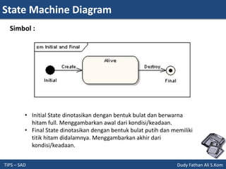 State Machine Diagram
TIPS – SAD Dudy Fathan Ali S.Kom
Simbol :
• Initial State dinotasikan dengan bentuk bulat dan berwarna
hitam full. Menggambarkan awal dari kondisi/keadaan.
• Final State dinotasikan dengan bentuk bulat putih dan memiliki
titik hitam didalamnya. Menggambarkan akhir dari
kondisi/keadaan.
 