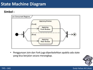 State Machine Diagram
TIPS – SAD Dudy Fathan Ali S.Kom
Simbol :
• Penggunaan Join dan Fork juga diperbolehkan apabila ada state
yang bisa berjalan secara merangkap.
 