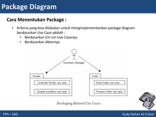 Package Diagram
TIPS – SAD Dudy Fathan Ali S.Kom
Cara Menentukan Package :
• Kriteria yang bisa dilakukan untuk mengimplementasikan package diagram
berdasarkan Use Case adalah :
• Berdasarkan Ciri-ciri Use Casenya.
• Berdasarkan Aktornya.
 