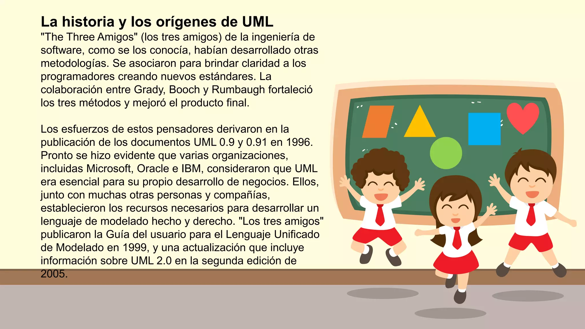 La historia y los orígenes de UML
"The Three Amigos" (los tres amigos) de la ingeniería de
software, como se los conocía, habían desarrollado otras
metodologías. Se asociaron para brindar claridad a los
programadores creando nuevos estándares. La
colaboración entre Grady, Booch y Rumbaugh fortaleció
los tres métodos y mejoró el producto final.
Los esfuerzos de estos pensadores derivaron en la
publicación de los documentos UML 0.9 y 0.91 en 1996.
Pronto se hizo evidente que varias organizaciones,
incluidas Microsoft, Oracle e IBM, consideraron que UML
era esencial para su propio desarrollo de negocios. Ellos,
junto con muchas otras personas y compañías,
establecieron los recursos necesarios para desarrollar un
lenguaje de modelado hecho y derecho. "Los tres amigos"
publicaron la Guía del usuario para el Lenguaje Unificado
de Modelado en 1999, y una actualización que incluye
información sobre UML 2.0 en la segunda edición de
2005.
 