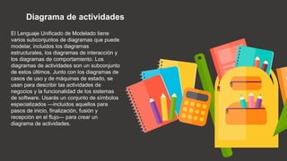 Diagrama de actividades
El Lenguaje Unificado de Modelado tiene
varios subconjuntos de diagramas que puede
modelar, incluidos los diagramas
estructurales, los diagramas de interacción y
los diagramas de comportamiento. Los
diagramas de actividades son un subconjunto
de estos últimos. Junto con los diagramas de
casos de uso y de máquinas de estado, se
usan para describir las actividades de
negocios y la funcionalidad de los sistemas
de software. Usarás un conjunto de símbolos
especializados —incluidos aquellos para
pasos de inicio, finalización, fusión y
recepción en el flujo— para crear un
diagrama de actividades.
 