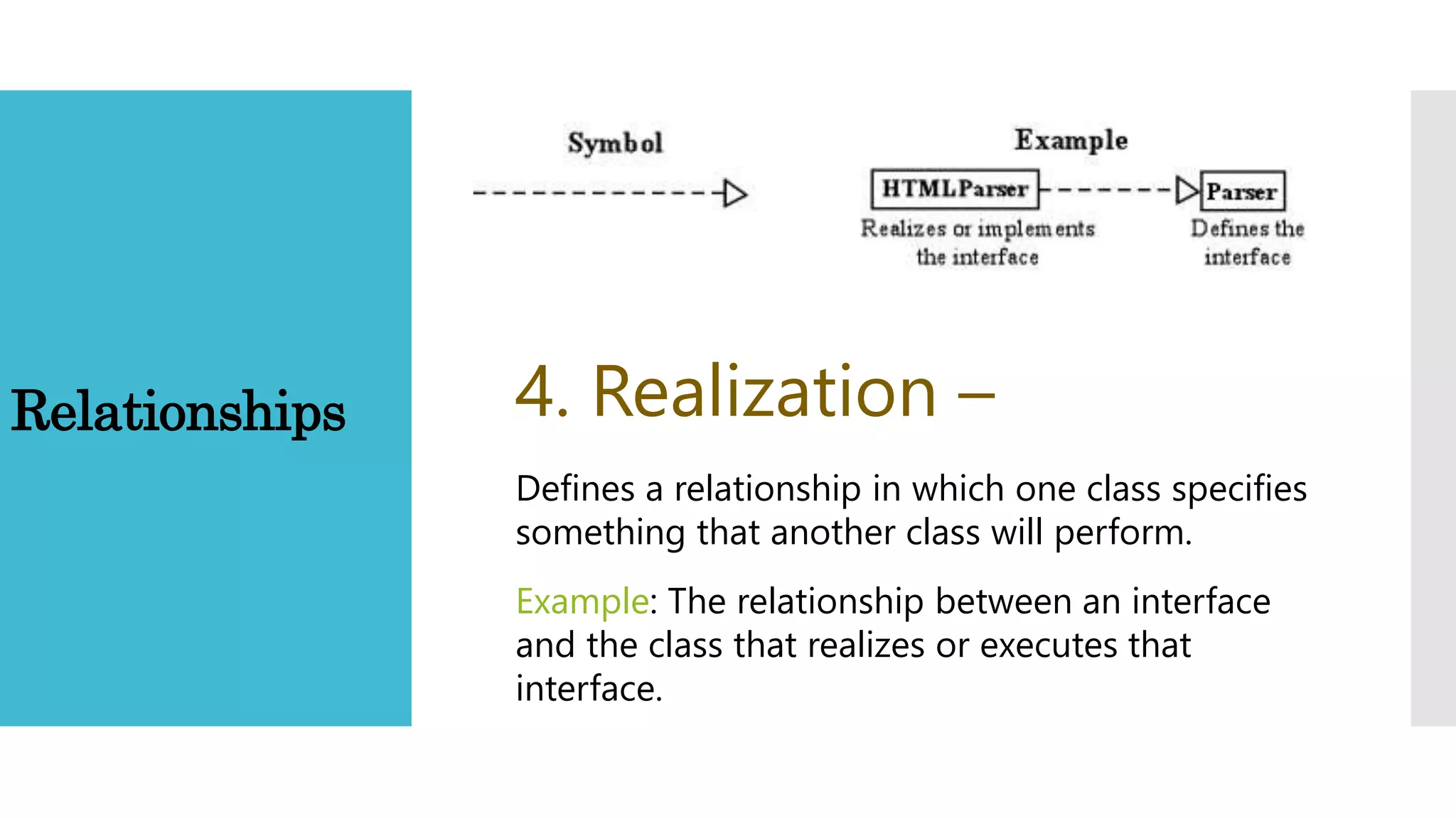 Relationships 4. Realization –
Defines a relationship in which one class specifies
something that another class will perform.
Example: The relationship between an interface
and the class that realizes or executes that
interface.
 