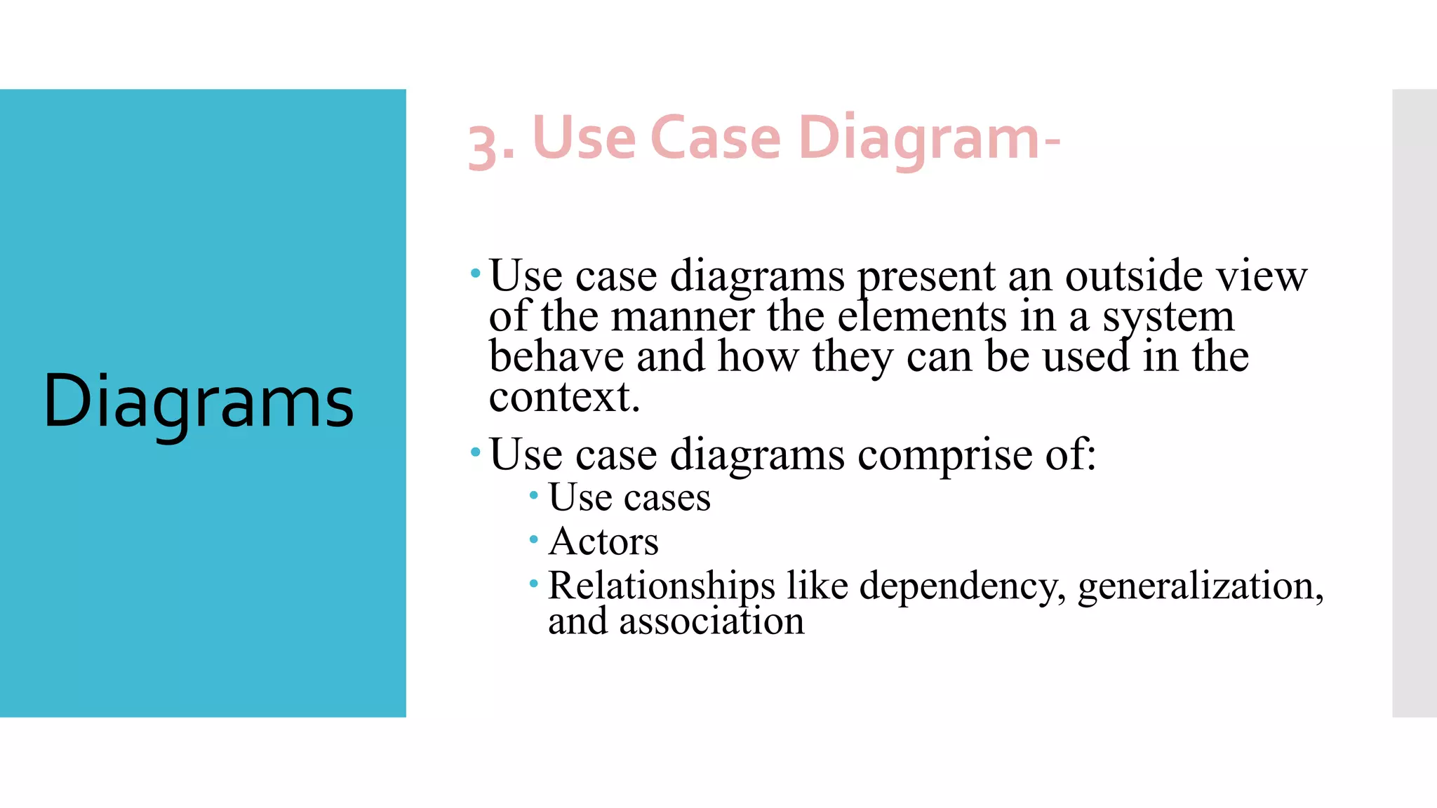 Diagrams
3. Use Case Diagram-
Use case diagrams present an outside view
of the manner the elements in a system
behave and how they can be used in the
context.
Use case diagrams comprise of:
 Use cases
 Actors
 Relationships like dependency, generalization,
and association
 