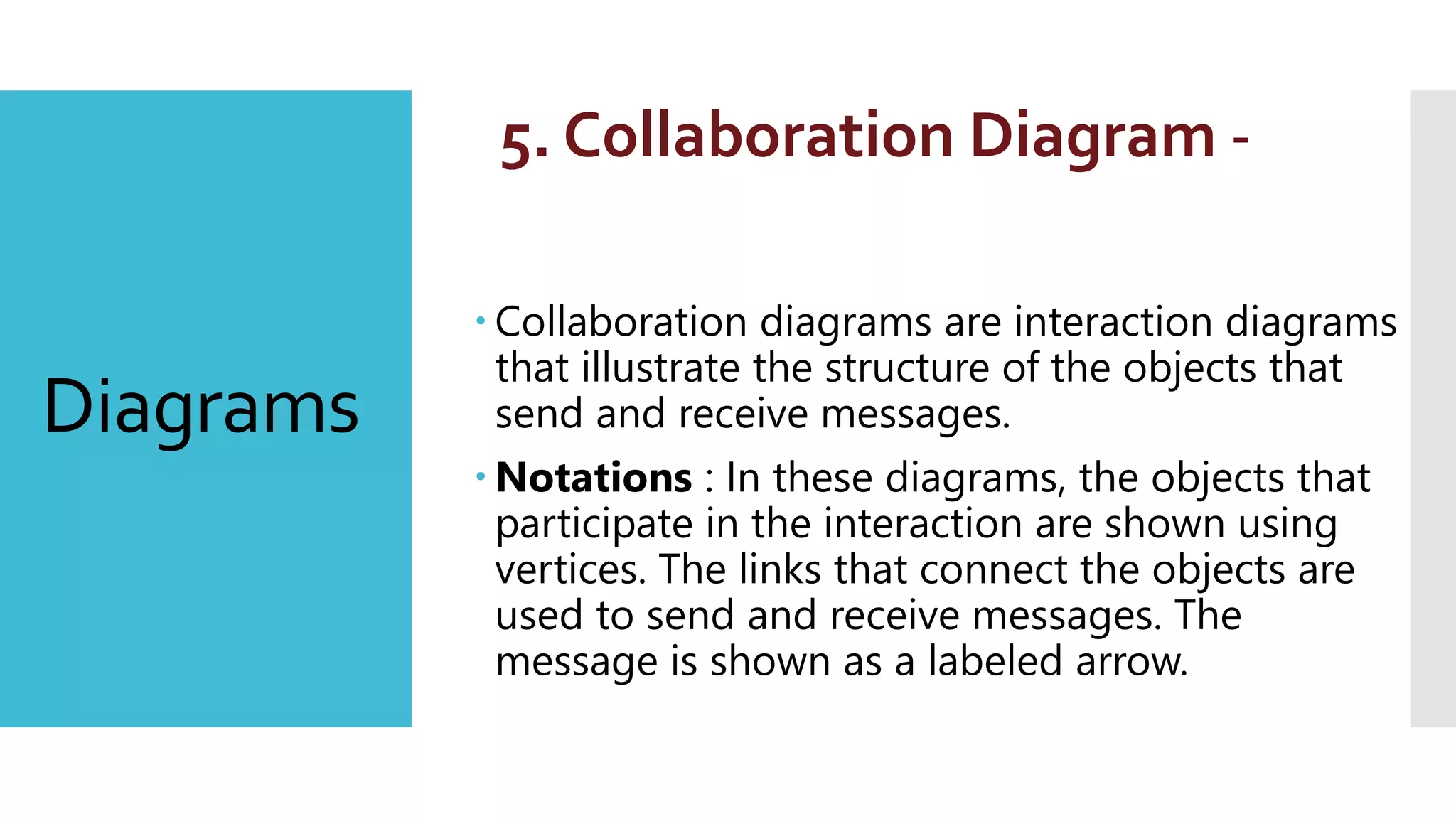 Diagrams
5. Collaboration Diagram -
 Collaboration diagrams are interaction diagrams
that illustrate the structure of the objects that
send and receive messages.
 Notations : In these diagrams, the objects that
participate in the interaction are shown using
vertices. The links that connect the objects are
used to send and receive messages. The
message is shown as a labeled arrow.
 