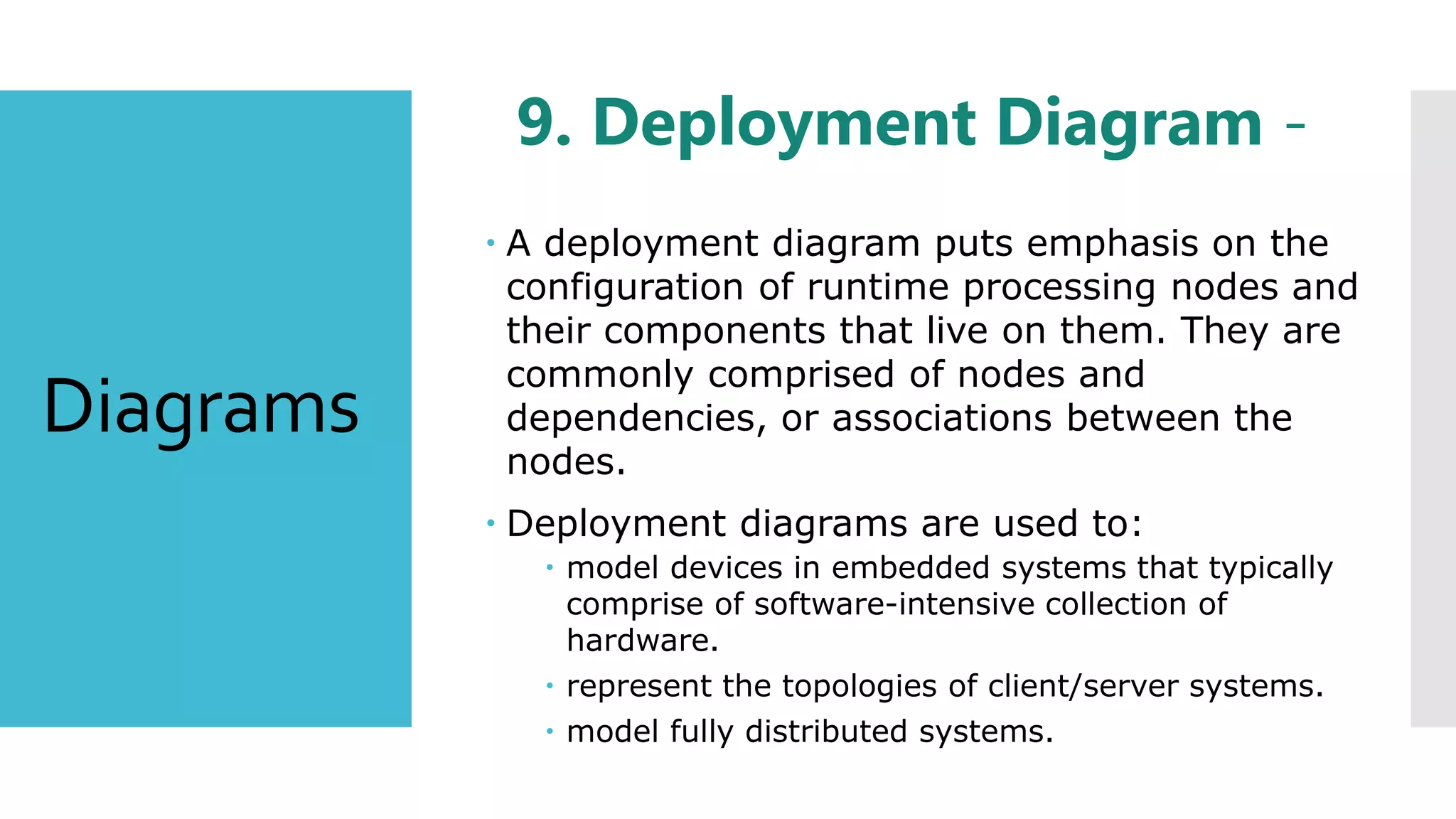 Diagrams
9. Deployment Diagram -
 A deployment diagram puts emphasis on the
configuration of runtime processing nodes and
their components that live on them. They are
commonly comprised of nodes and
dependencies, or associations between the
nodes.
 Deployment diagrams are used to:
 model devices in embedded systems that typically
comprise of software-intensive collection of
hardware.
 represent the topologies of client/server systems.
 model fully distributed systems.
 