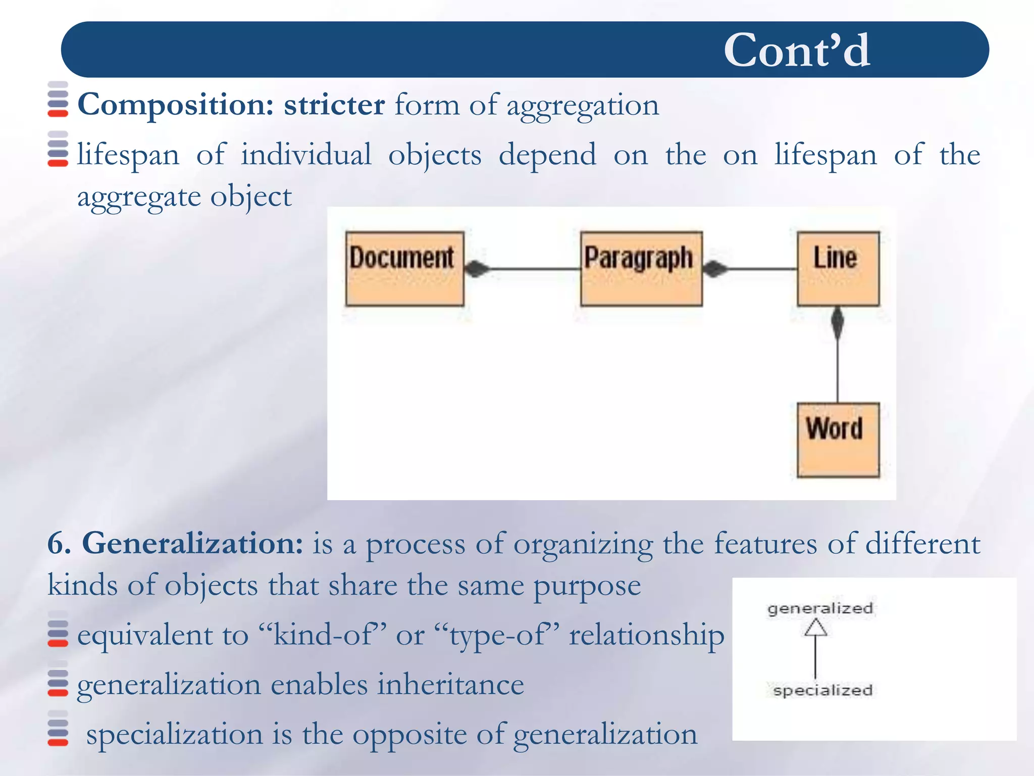 Cont’d
Composition: stricter form of aggregation
lifespan of individual objects depend on the on lifespan of the
aggregate object
6. Generalization: is a process of organizing the features of different
kinds of objects that share the same purpose
equivalent to “kind-of” or “type-of” relationship
generalization enables inheritance
specialization is the opposite of generalization
 
