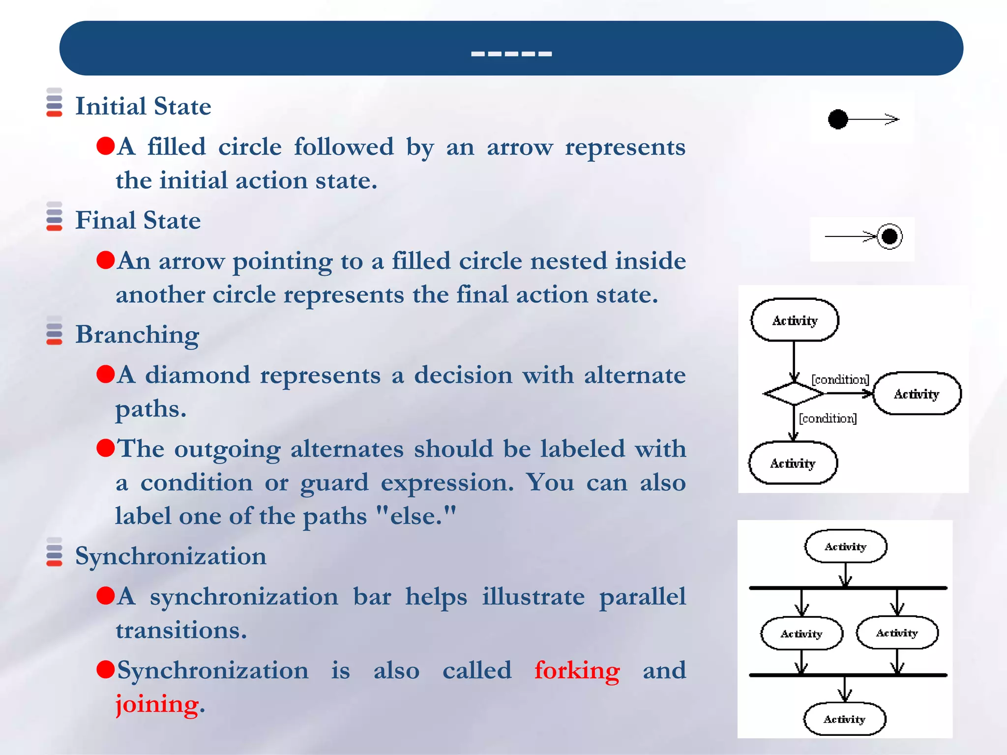 -----
Initial State
A filled circle followed by an arrow represents
the initial action state.
Final State
An arrow pointing to a filled circle nested inside
another circle represents the final action state.
Branching
A diamond represents a decision with alternate
paths.
The outgoing alternates should be labeled with
a condition or guard expression. You can also
label one of the paths "else."
Synchronization
A synchronization bar helps illustrate parallel
transitions.
Synchronization is also called forking and
joining.
 