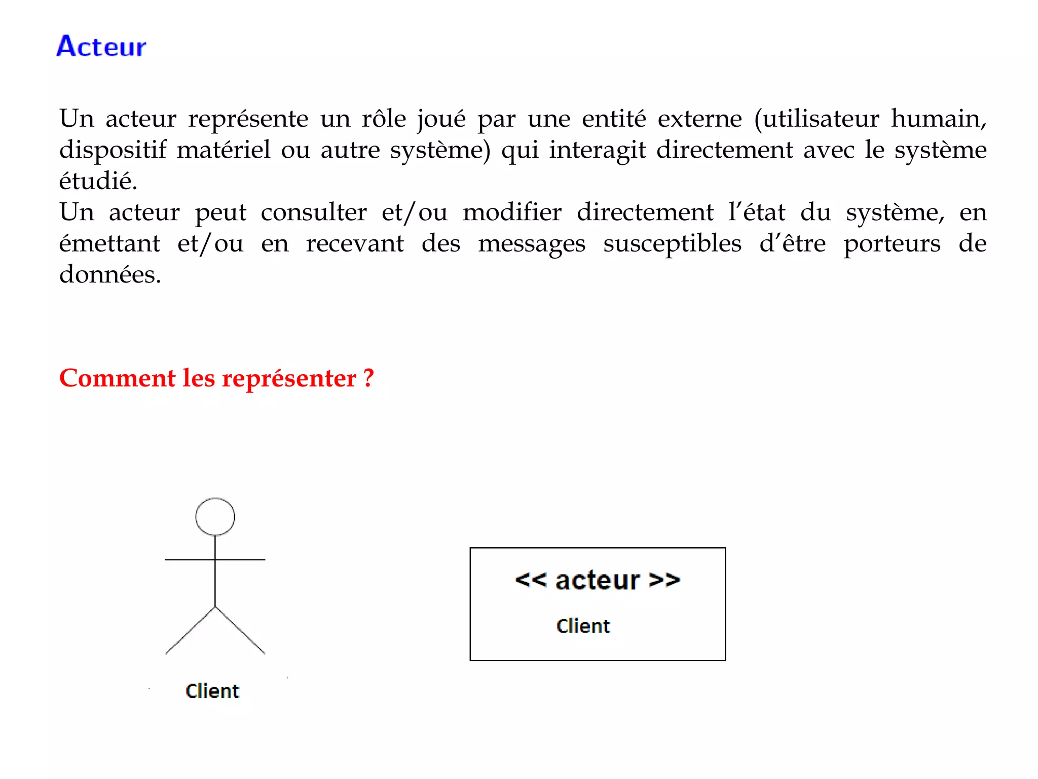 Un acteur représente un rôle joué par une entité externe (utilisateur humain,
dispositif matériel ou autre système) qui interagit directement avec le système
étudié.
Un acteur peut consulter et/ou modifier directement l’état du système, en
émettant et/ou en recevant des messages susceptibles d’être porteurs de
données.
Comment les représenter ?
 