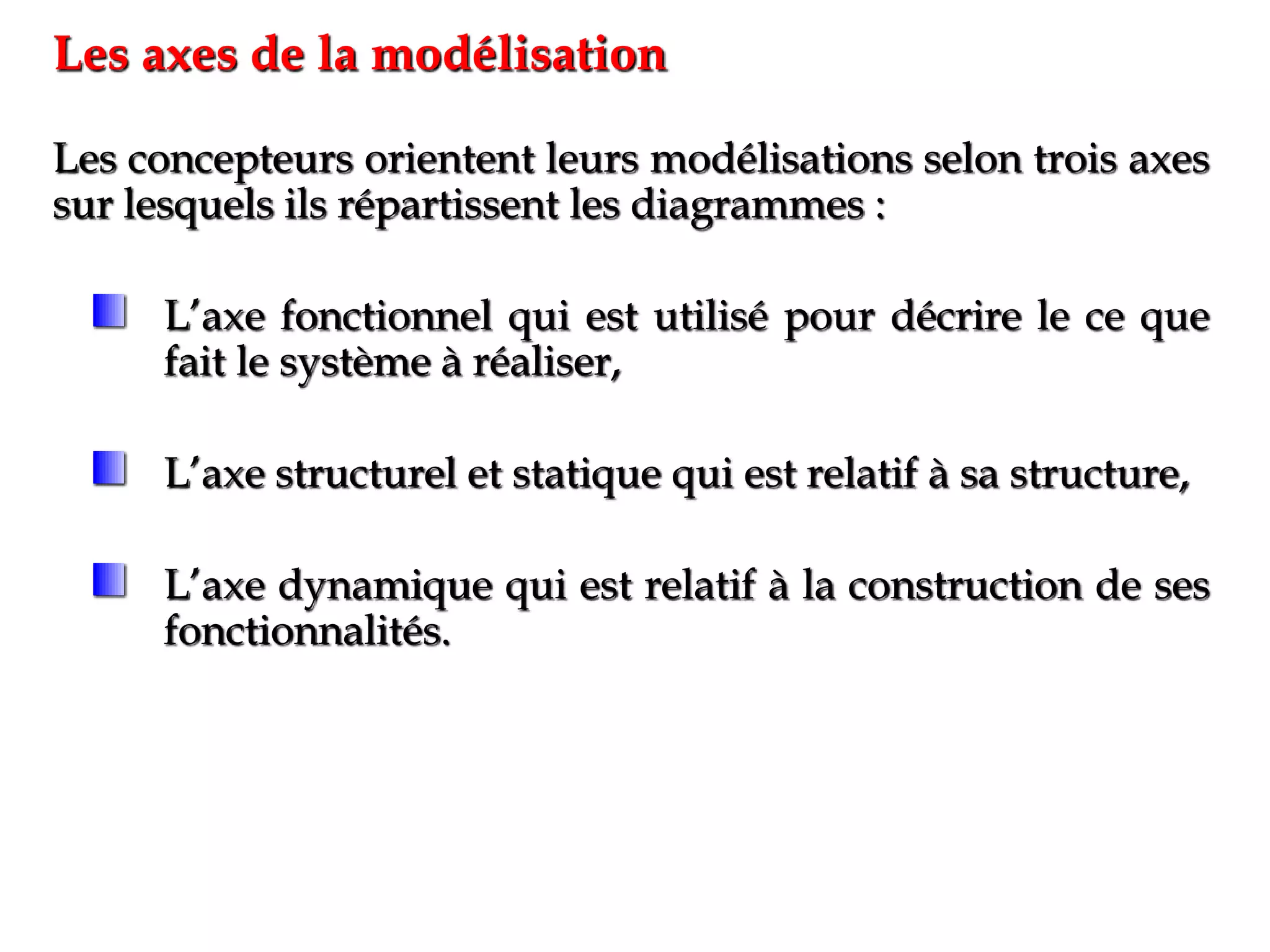 Les concepteurs orientent leurs modélisations selon trois axes
sur lesquels ils répartissent les diagrammes :
L’axe fonctionnel qui est utilisé pour décrire le ce que
fait le système à réaliser,
L’axe structurel et statique qui est relatif à sa structure,
L’axe dynamique qui est relatif à la construction de ses
fonctionnalités.
Les axes de la modélisation
 
