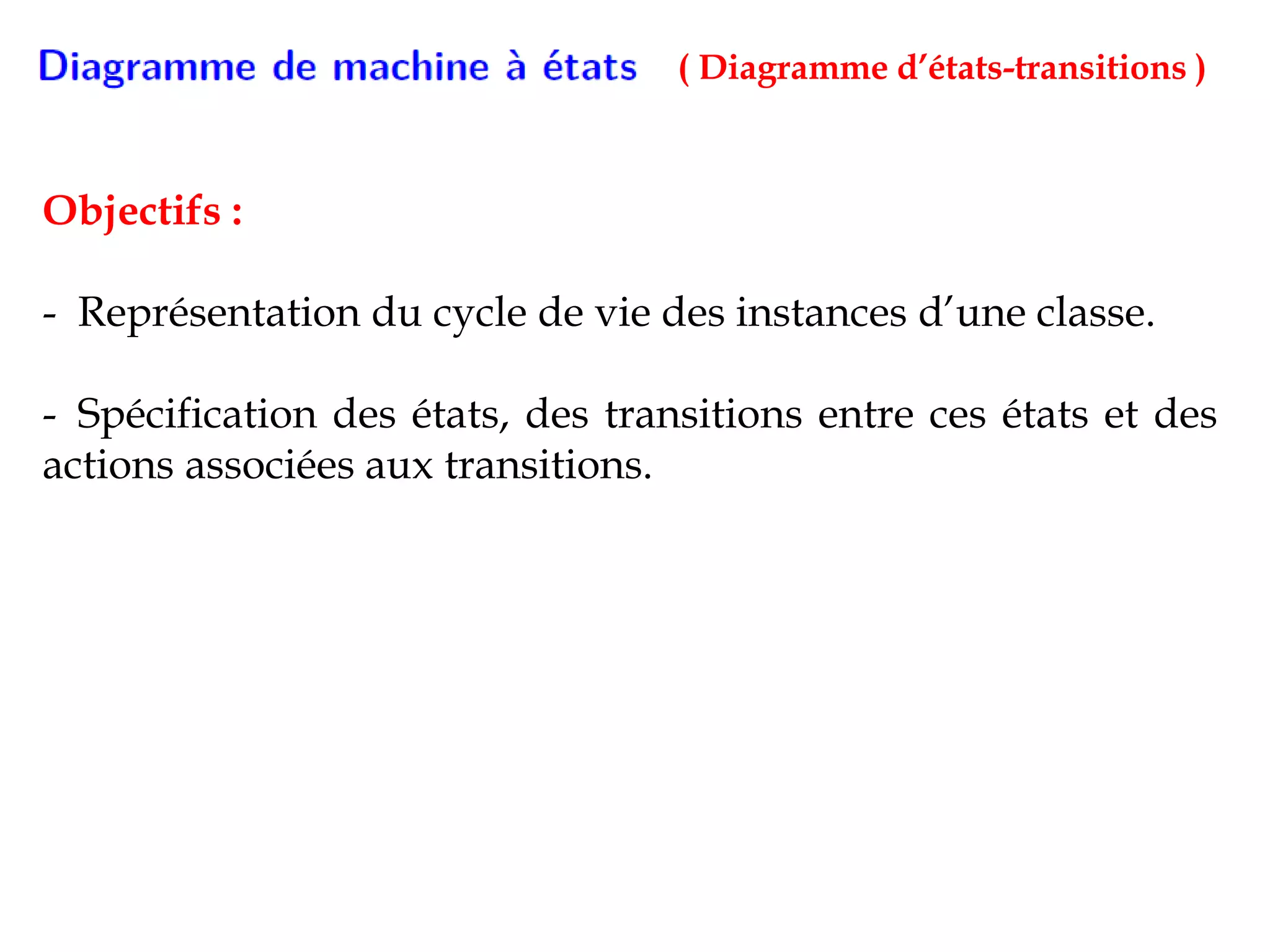 ( Diagramme d’états-transitions )
Objectifs :
- Représentation du cycle de vie des instances d’une classe.
- Spécification des états, des transitions entre ces états et des
actions associées aux transitions.
 