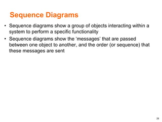 28
Sequence Diagrams
• Sequence diagrams show a group of objects interacting within a
system to perform a specific functionality
• Sequence diagrams show the ‘messages’ that are passed
between one object to another, and the order (or sequence) that
these messages are sent
 