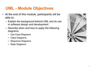 1
UML - Module Objectives
• At the end of this module, participants will be
able to:
– Explain the background behind UML and its use
in software design and development
– Describe when and how to apply the following
diagrams:
• Use Case Diagrams
• Class Diagrams
• Sequence Diagrams
• State Diagrams
 