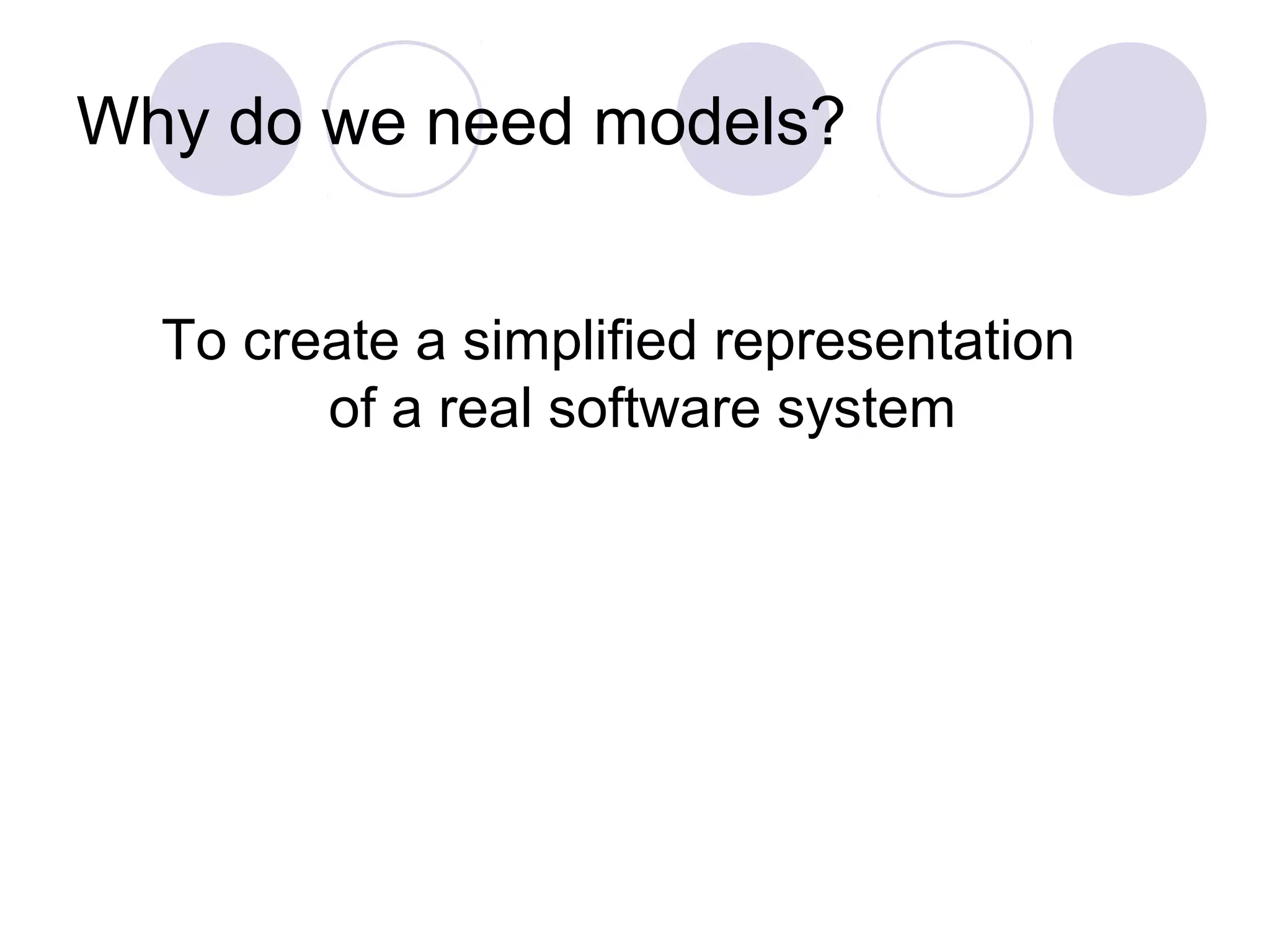 Why do we need models?
To create a simplified representation
of a real software system
 